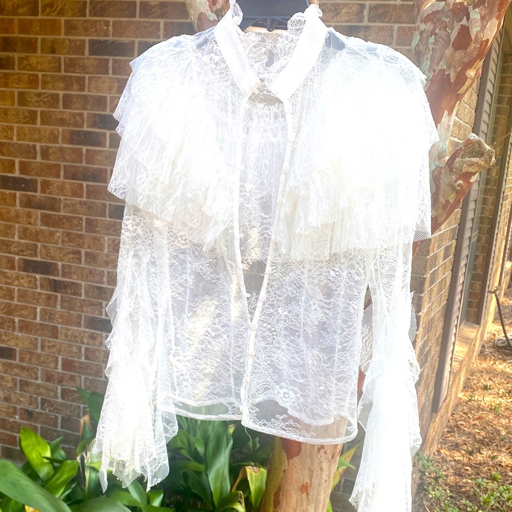 Sheer White Lace Ruffled Blouse - Women's Top🌸🍒
